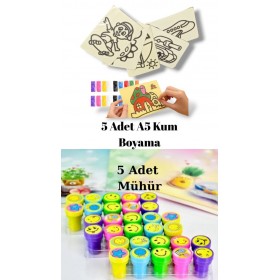 Nostaljik Oyuncak Mühür Istampa 5 Adet + Kum Boyama Seti 5 Adet A5 Boyutunda (20x13,5 cm)