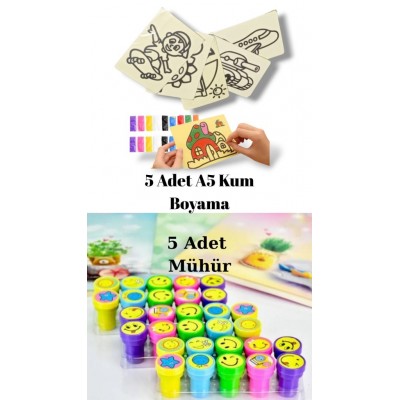 Nostaljik Oyuncak Mühür Istampa 5 Adet + Kum Boyama Seti 5 Adet A5 Boyutunda (20x13,5 cm)