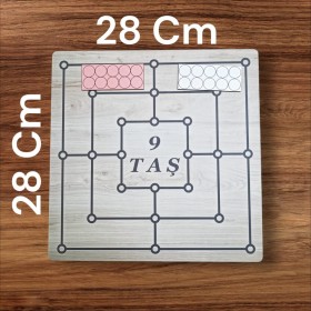 Ahşap 9 Taş 3 Taş Oyunu (28cmx28cm) Eşsiz Eğlence Zeka Akıl Mantık Strateji Oyunu