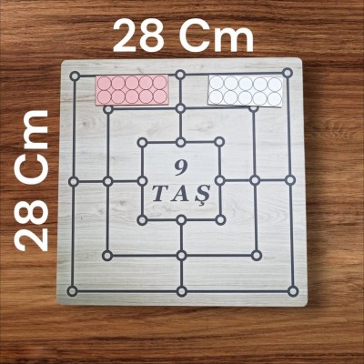 Ahşap 9 Taş 3 Taş Oyunu (28cmx28cm) Eşsiz Eğlence Zeka Akıl Mantık Strateji Oyunu