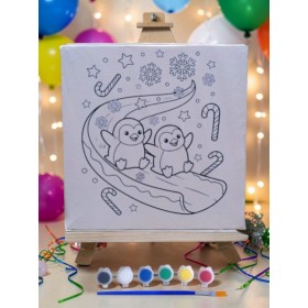 Çocuklar İçin Tuval Boyama Seti Sevimli Penguen 19x19 Cm (Tuval, Şövale, Fırça ve 6 Renk Akrilik Boya Seti)