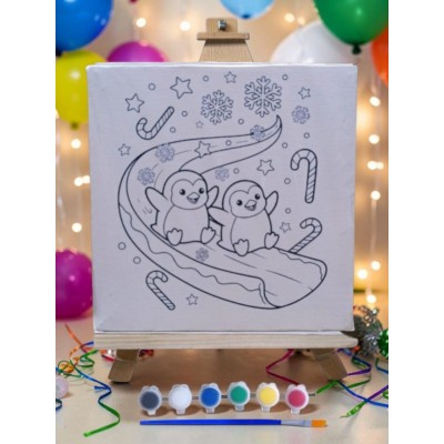 Çocuklar İçin Tuval Boyama Seti Sevimli Penguen 19x19 Cm (Tuval, Şövale, Fırça ve 6 Renk Akrilik Boya Seti)