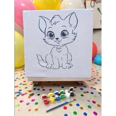 Çocuklar İçin Tuval Boyama Seti Sevimli Kedi 19x19 Cm (Tuval, Şövale, Fırça ve 6 Renk Akrilik Boya Seti)