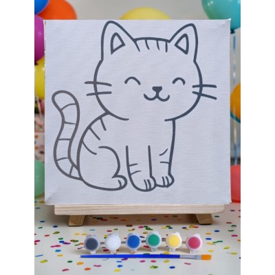 Çocuklar İçin Tuval Boyama Seti Kedi Mod2 19x19 Cm (Tuval, Şövale, Fırça ve 6 Renk Akrilik Boya Seti)