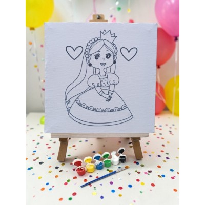 Tuval Boyama Seti Prenses Model 19x19 Cm (Tuval, Şövale, Fırça ve 6 Renk Akrilik Boya Seti)