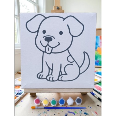 Çocuklar İçin Tuval Boyama Seti Sevimli Köpek 19x19 Cm (Tuval, Şövale, Fırça ve 6 Renk Akrilik Boya Seti)