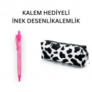 İnek Desen Kalemlik - Okul Kalemliği-Makyaj Çantası ve Hediye Pembe Uçlu Kalem