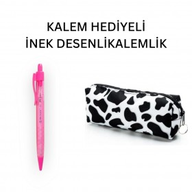 İnek Desen Kalemlik - Okul Kalemliği-Makyaj Çantası ve Hediye Pembe Uçlu Kalem