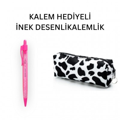 İnek Desen Kalemlik - Okul Kalemliği-Makyaj Çantası ve Hediye Pembe Uçlu Kalem