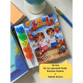 Karne Hediyesi 10 Set Kalp Kurşun Kalem ve Tebrik Kartı