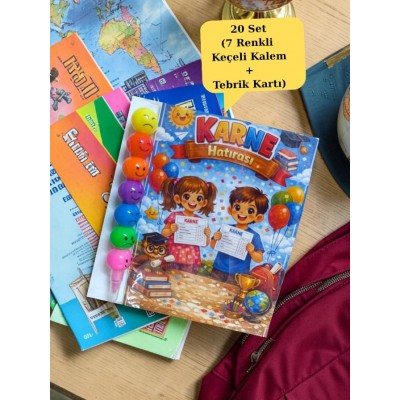 Karne Hediyesi 20 Set Renkli Keçeli Kalem ve Tebrik Kartı