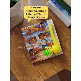 Karne Hediyesi 10 Set Pipo Şeklinde Üflemeli Top ve Tebrik Kartı