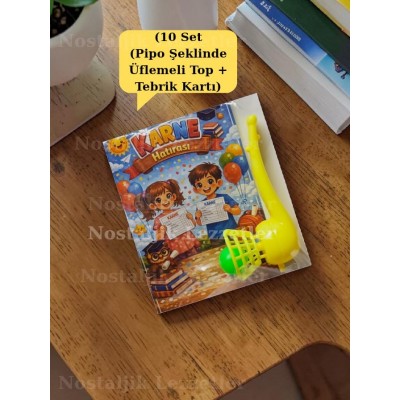 Karne Hediyesi 10 Set Pipo Şeklinde Üflemeli Top ve Tebrik Kartı Karne Hediyesi 10 Set Pipo Şeklinde Üflemeli Top ve Tebrik Kartı