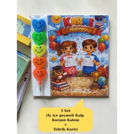 Karne Hediyesi 5 Set Kalp Kurşun Kalem ve Tebrik Kartı