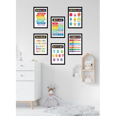 Çocuk Odası Tablo 6 Parça Eğitici Renkler Sayılar Harfler Günler Vb Duvar Tabloları Mdf , Çerçeve Görünümlü Çoçuklar İçin Renkli Dekoratif Hediyelik 6 Parça 13x17 Cm
