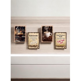 Dekoratif Tablo 4 Parça Mdf , Cafe Tabloları , Kahve Köşesi Tabloları , Duvar Tabloları , Çerçeve Görünümlü Dekoratif Hediyelik (14x20 Cm)