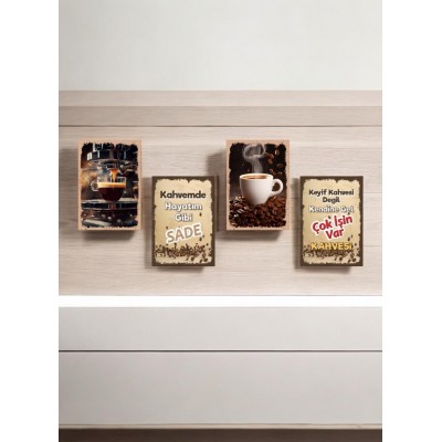 Dekoratif Tablo 4 Parça Mdf , Cafe Tabloları , Kahve Köşesi Tabloları , Duvar Tabloları , Çerçeve Görünümlü Dekoratif Hediyelik (14x20 Cm)