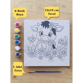 Sevimli Tavşan Baskılı Tuval Boyama Aktivite Seti 19x19 Cm (Tuval, Fırça ve 6 Renk Akrilik Boya Seti)