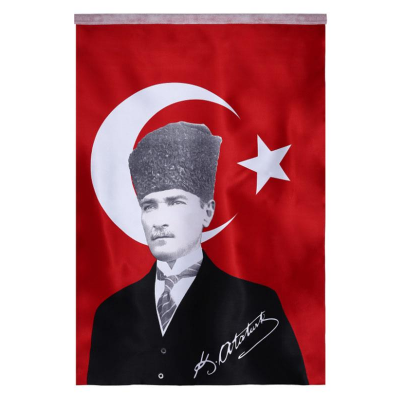 Türk Bayrağı Kalpaklı Atatürk Posterli Saten Türk Bayrağı K.Atatürk İmzalı Türk Bayrağı 70x100
