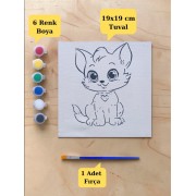 Çocuklar İçin Sevimli Kedi Baskılı Tuval Boyama Seti – Hayal Gücünü Keşfet! 19x19 Cm (Tuval, Fırça ve 6 Renk Akrilik Boya Seti)