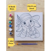 Çocuklara Özel Şapkalı Tavşan Baskılı Tuval Boyama Aktivite Seti 19x19 Cm (Tuval, Fırça ve 6 Renk Akrilik Boya Seti)