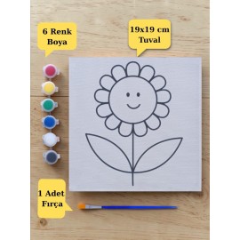 Sevimli Çiçek Baskılı Tuval Boyama Aktivite Seti 19x19 Cm (Tuval, Fırça ve 6 Renk Akrilik Boya Seti)