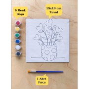 Çocuklara Özel Saksıda Çiçek Baskılı Tuval Boyama Aktivite Seti 19x19 Cm (Tuval, Fırça ve 6 Renk Akrilik Boya Seti)