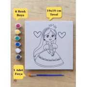 Tuval Boyama Sevimli Prenses Baskılı Aktivite Seti 19x19 Cm (Tuval, Fırça ve 6 Renk Akrilik Boya Seti)