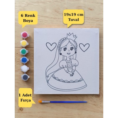 Tuval Boyama Sevimli Prenses Baskılı Aktivite Seti 19x19 Cm (Tuval, Fırça ve 6 Renk Akrilik Boya Seti)