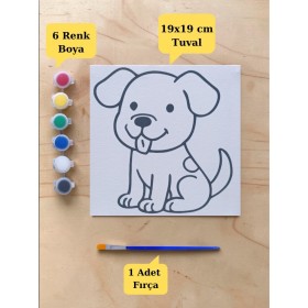 Tuval Boyama Aktivite Seti Sevimli Köpek Baskılı 19x19 Cm (Tuval, Fırça ve 6 Renk Akrilik Boya Seti)