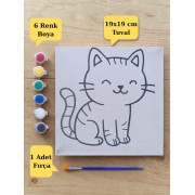 Sevimli Kedi Baskılı Tuval Boyama Aktivite Seti 19x19 Cm (Tuval, Fırça ve 6 Renk Akrilik Boya Seti)