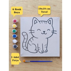 Sevimli Kedi Baskılı Tuval Boyama Aktivite Seti 19x19 Cm (Tuval, Fırça ve 6 Renk Akrilik Boya Seti)