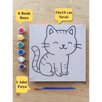 Sevimli Kedi Baskılı Tuval Boyama Aktivite Seti 19x19 Cm (Tuval, Fırça ve 6 Renk Akrilik Boya Seti)