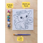 Tuval Boyama Aktivite Seti Sevimli İnek Baskılı 19x19 Cm (Tuval, Fırça ve 6 Renk Akrilik Boya Seti)