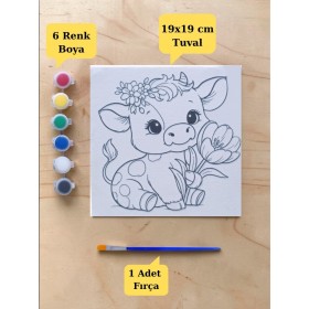 Tuval Boyama Aktivite Seti Sevimli İnek Baskılı 19x19 Cm (Tuval, Fırça ve 6 Renk Akrilik Boya Seti)