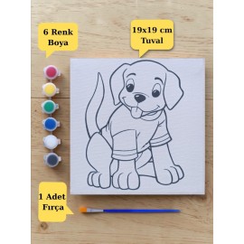 Çocuklara Özel Sevimli Köpek Baskılı Tuval Boyama Aktivite Seti 19x19 Cm (Tuval, Fırça ve 6 Renk Akrilik Boya Seti)