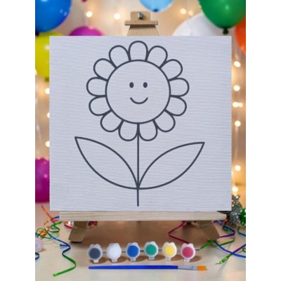 Sevimli Çiçek Tuval Boyama Aktivite Seti 19x19 Cm (Tuval, Şövale, Fırça ve 6 Renk Akrilik Boya Seti)