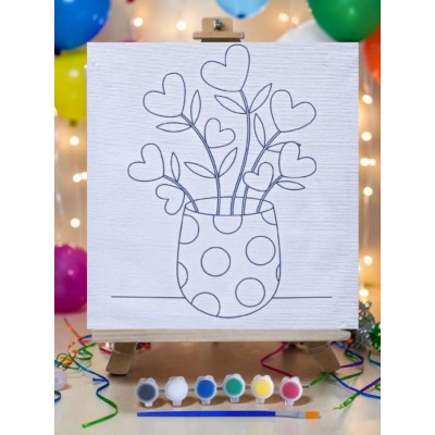 Saksıda Çiçek Tuval Boyama Aktivite Seti 19x19 Cm (Tuval, Şövale, Fırça ve 6 Renk Akrilik Boya Seti)