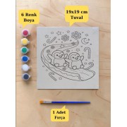 Tuval Boyama Aktivite Seti Sevimli Penguenler Baskılı 19x19 Cm (Tuval, Fırça ve 6 Renk Akrilik Boya Seti)